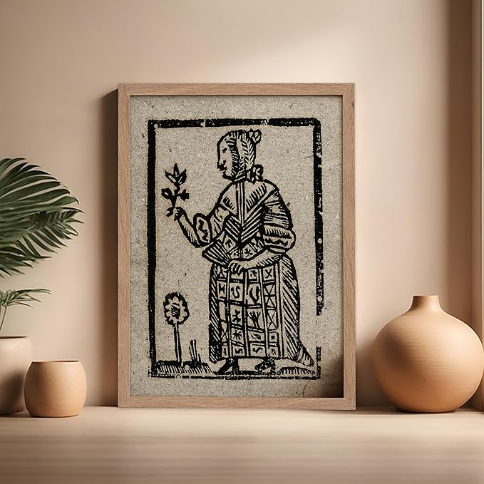 Poster Master Vintage Woodcut Poster - Retro Medieval Print - Gift for Gothic, Horror Fan - Witch Holding a Plant, Magic, Spell, Herbalist - Wall Decor for Bedroom, Dorm, 16x20 Beige Framed