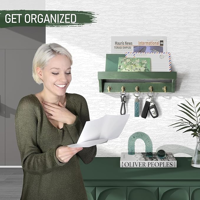 Rebee Vision Farmhouse Pine Wood Key Holder Wall Mount with Shelf for Home Improvement - Rustic Wall Mail Holder for Farmhouse Room Decor - Perfect Mail Organizer for Home (Green)