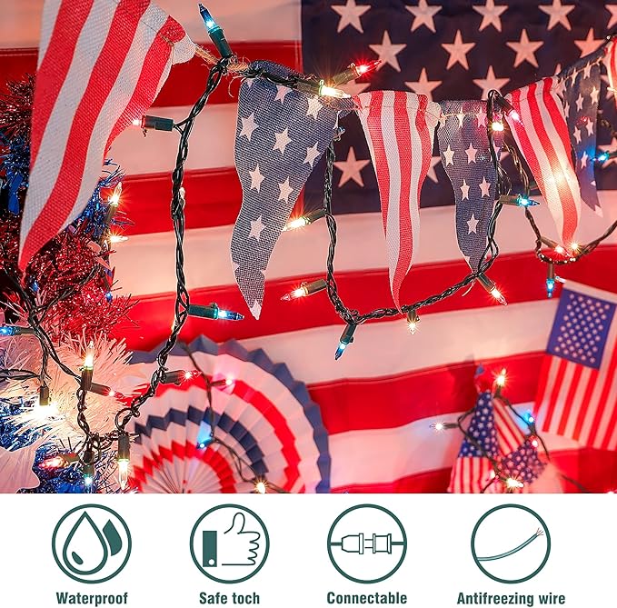 Hopolon Red White and Blue Mini Lights,2PACK 50Count 4th of July Patriotic String Lights Green Wire,13FT Incandescent Independence Day Light for Indoor Outdoor Christmas Party Decor,Red White Blue