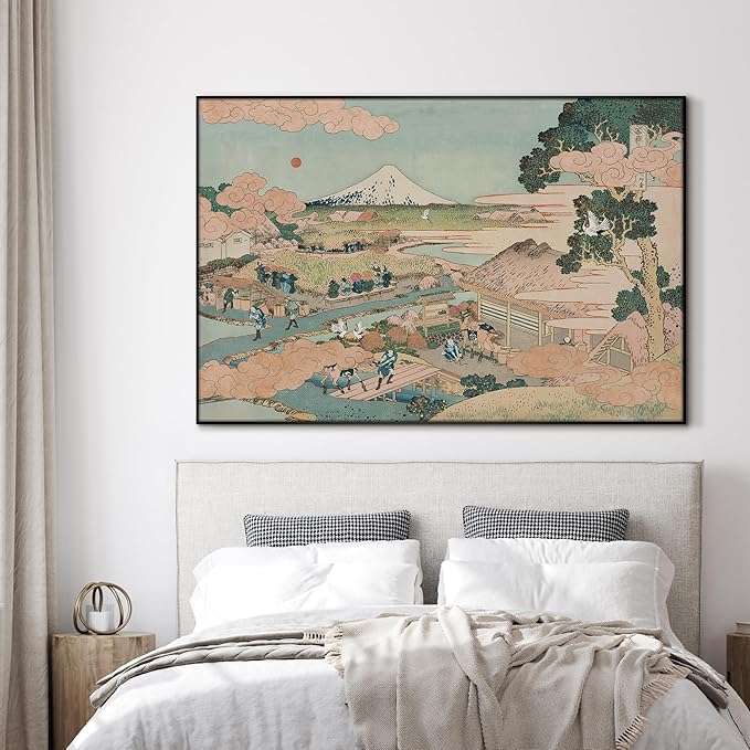 SIGNWIN 46"x72" Extra Large Framed Wall Art Japanese Ukiyo-e Landscape, Timeless Mt. Fuji Scene for Zen-Inspired or Asian-Style Interiors for Home Living Room Bedroom Decor (Frame Assembly Required)