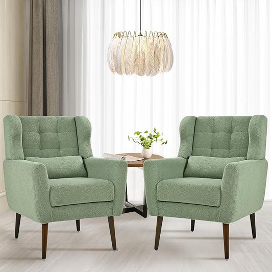 Accent Chair Set of 2, Upholstered Armchair with Pillow, Teddy Single Sofa Chair with Lounge Seat and Wood Legs for Living Room Small Spaces