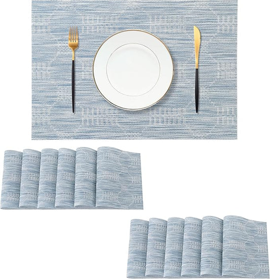 Leetaltree Jacquard Blue Placemats Set of 12 - Heat Resistant Non-Slip Place mats for Dining Table, Washable Durable PVC Vinyl Woven Table Mats（Jacquard Blue, 12）