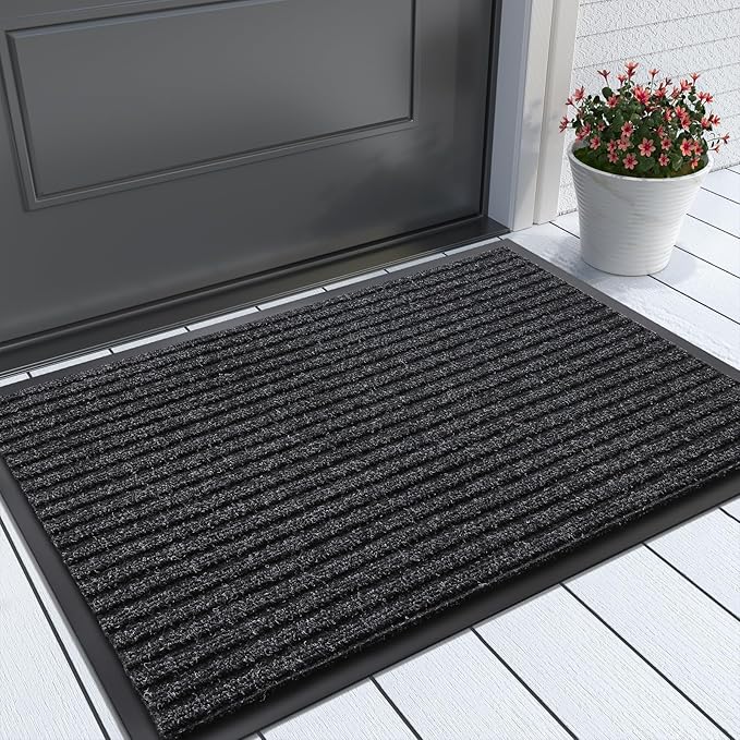 Yimobra Front Door Mat Outdoor Indoor Entrance, 100% Waterproof All-Season All Weather Doormat, Welcome Matt Outside Entry, Non Slip, Low Profile, Heavy Duty Patio Porch Floor Mat,29.5 x 17,Black Grey