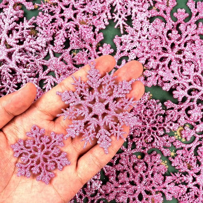 36pcs Christmas Light Pink Snowflake Ornaments Plastic Glitter Snow Flakes Ornaments for Winter Christmas Tree Decorations Size Varies Craft Snowflakes