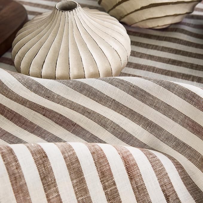 Solino Home Linen Tablecloth 60 x 120 Inch - Amalfi Stripe 100% Pure Linen Brown and Cream Table Cloth for Rectangle Tables - Machine Washable Tablecloth for Fall, Autumn, Thanksgiving