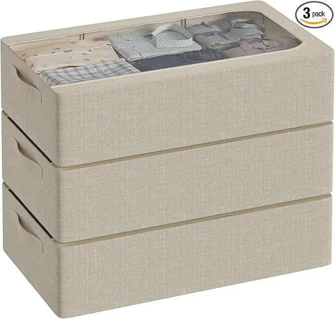 3PCS Under Bed Storage Bins with Metal Frame, Linen Fabric Frame Storage Box Clothes Organizer Bins, Underbed Container with Clear Window (Beige, 23.6 x 13 x 6IN)