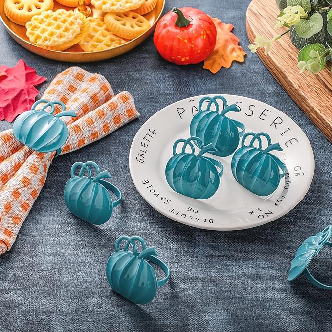 Patelai 12 Pieces Pumpkin Napkin Rings Fall Napkin Holders Thanksgiving Halloween Dinner Tables Rings for Thanksgiving Dinner Party Weddings Family Gatherings (Blue)