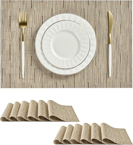 Leetaltree Light Brown Placemats Set of 12 - Heat Resistant Non-Slip Place mats for Dining Table, Washable Durable PVC Vinyl Woven Table Mats（Light Brown, 12）