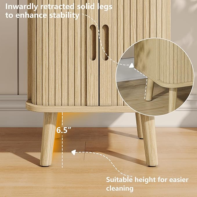 Alohappy Mid Century Modern End Table, Fluted Wood Nightstand with Sliding Tambour Door, Curved Round Edge Side Table with Storage Cabinet for Bedroom, Living Room, Natural Oak