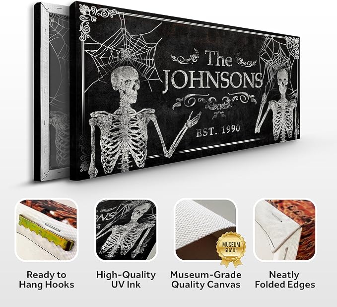Tailored Canvases Gothic Family Wall Decor - Personalized Grunge Vintage Skeleton Room Decor for Home, Halloween Lovers, Men & Women for Bedroom, Living Room - Custom Couple Name, White Print, 48"x24"