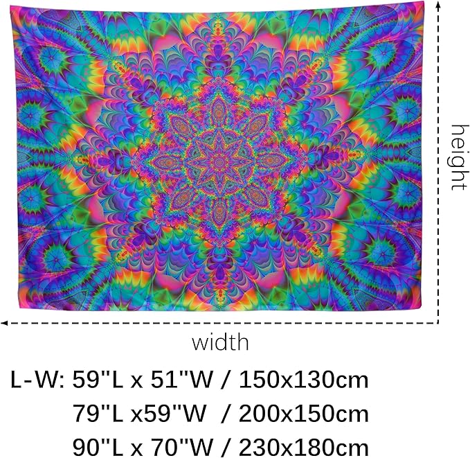 OSVINO Blacklight Mandala Tapestry 90"x70" Glow In The Dark Psychedelic Boho Tapestry Colorful Backdrop Bohemian Room Decor UV Reactive Hippie Wall Posters for Bedroom