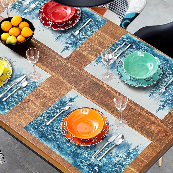 Blue Christmas Placemats Set of 4 Teal Winter Watercolor Tree Snow Theme Place Mats 12x18 Inch Xmas Holiday Washable Table Mats for Home Party Kitchen Dining