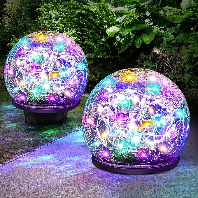 Solar Garden Lights, 4 Pack 120 LED Multicolor Cracked Glass Outdoor Decorative, Upgraded Waterproof Ball for Yard Pathway Patio Lawn Christmas Outside Decor, 3.94"