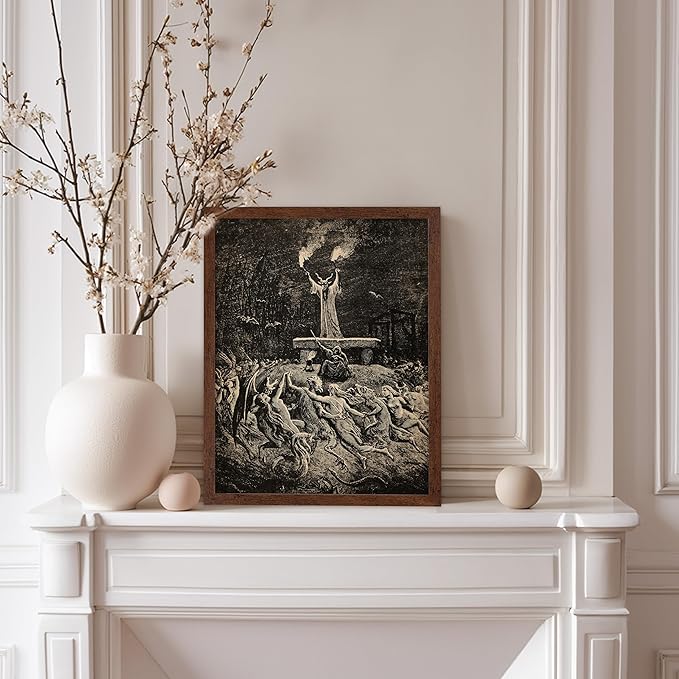 Poster Master Vintage Gustave Dore Poster - Retro Illustration Print - Gift for Gothic, Horror Fan - Dance of Sabbath, Witch, Magic, Spell - Wall Decor for Bedroom, Dorm, 11x14 Brown Framed