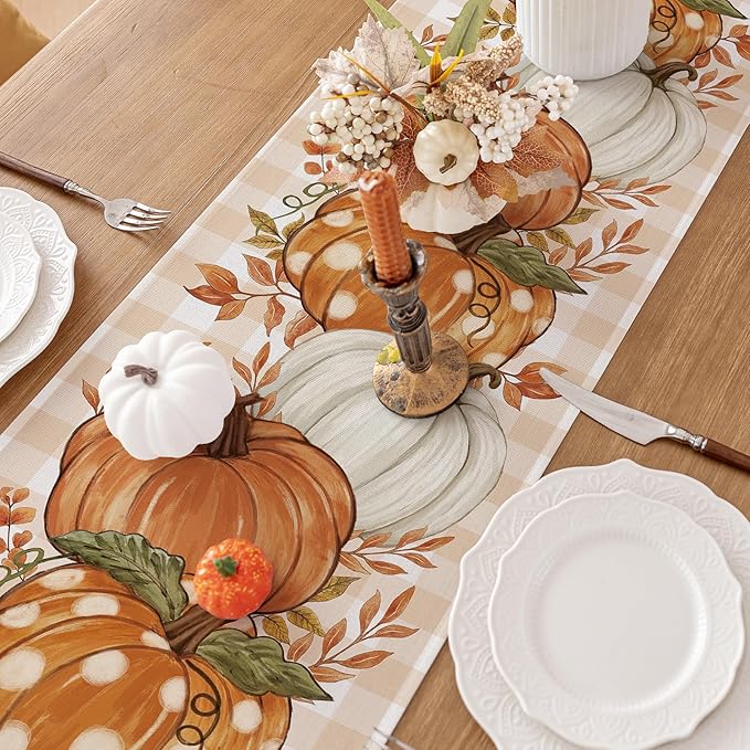 Romanstile Pumpkin Leaves Fall Table Runner, Buffalo Plaid Autumn Thanksgiving Harvest Farmhouse Style Table Decoration for Dining, Party, Holiday - 13x60 Inch, Orange