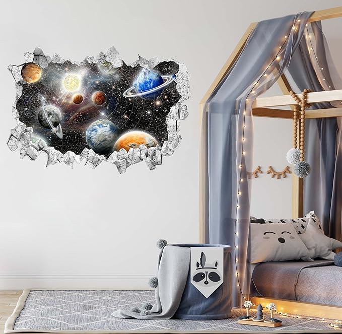Large 3D Space Galaxy Wall Stickers (33.5”x 23.2”), Solar System Vinyl Wall Decals, Removable Universe Outer Space Planet Wall Art for Kids Bedroom Playroom Decor