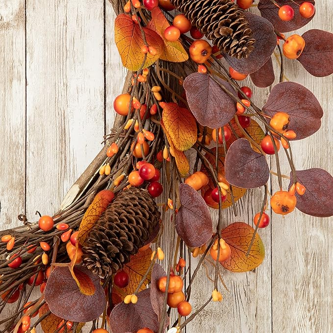 Glitzhome 22" D Fall Eucalyptus Berry Wreath, Artificial Wreaths Rustic Hanging Ornaments for Fall Front Door Wall Decor