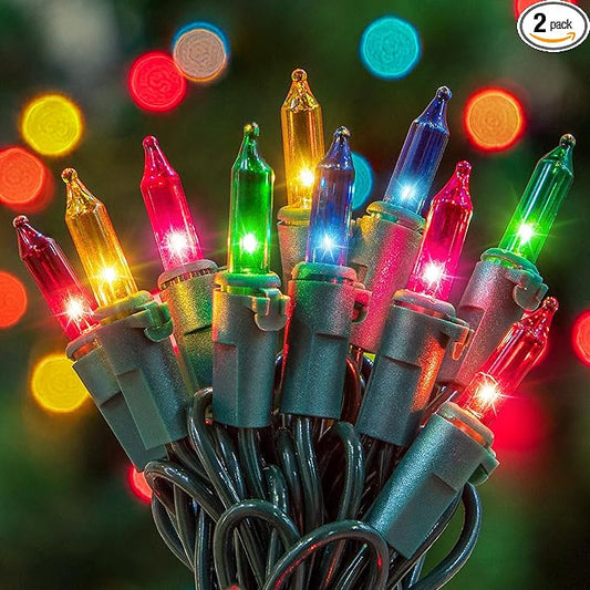 YOUNGAR 2 Pack Clear Christmas Lights, 100 Count 23FT Incandescent Bulb Mini String Light, Outdoor Christmas Lights for Xmas Tree, Home, Patio, Holiday, Party, Garden Decor, Multicolor