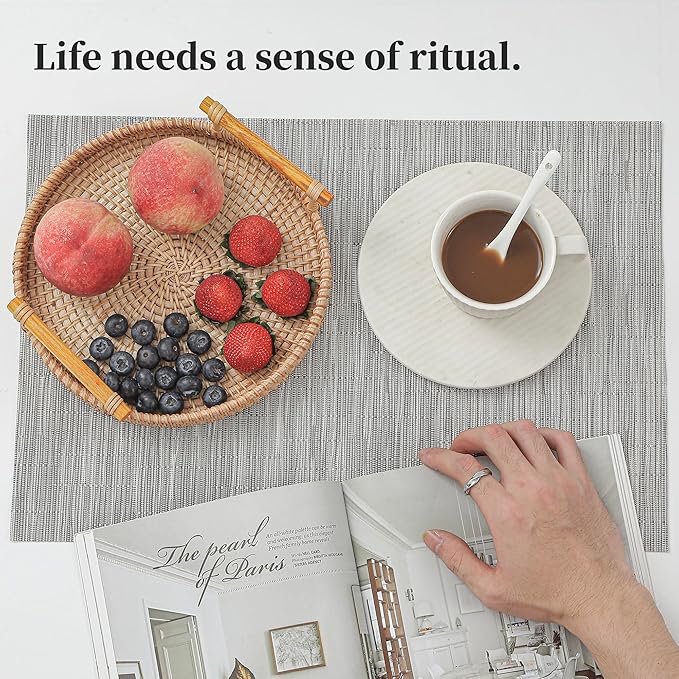 Leetaltree Silver Placemats Set of 8 - Heat Resistant Non-Slip Place mats for Dining Table, Washable Durable PVC Vinyl Woven Table Mats（Silver, 8）