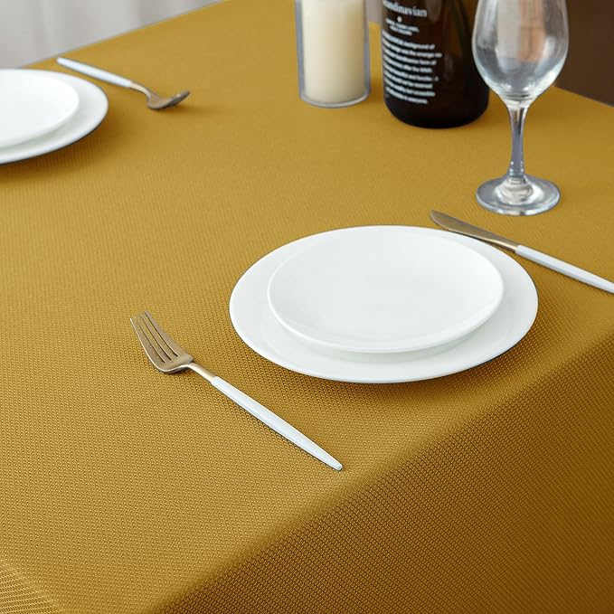 Biscaynebay Textured Fabric Rectangle Christmas Tablecloths 70x108 Inch, Gold Water Resistant Tablecloths for Dining, Kitchen, Wedding, Parties etc. Machine Washable