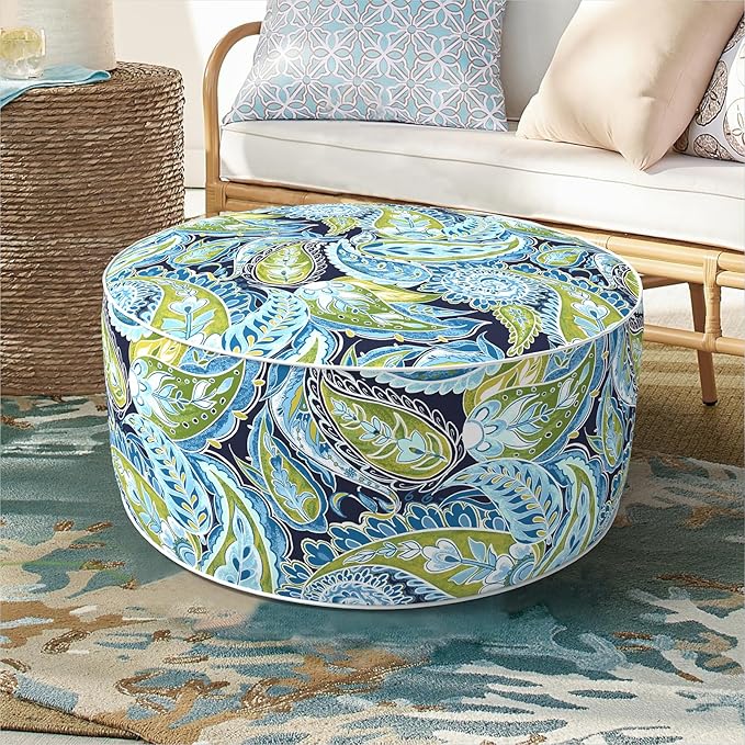 Inflatable Ottoman Stool D21 xH9 for Outdoor/Indoor Use, Water Repellent Patio Foot Rest with Portable Handle,Round Pouf Ottoman Suitable for Garden,Deck and Camping - Paisley Lapis Green