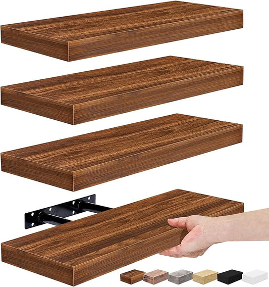 Sorbus Floating Shelves for Wall, Bathroom Shelves Wall Mounted for Kitchen, Bedroom, Living Room, Bathroom Storage, Over Toilet, Hanging Book Shelf for Ｗall Home Decor (Walnut, 4 Pack)