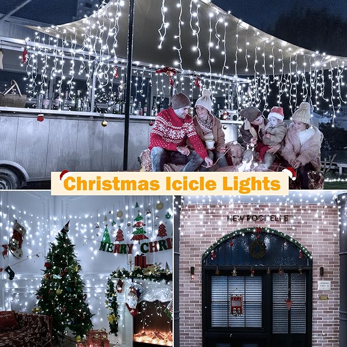 Ollny Icicle Lights for Outside 720LED 60FT, Cool White Christmas Lights with Remote 8 Modes Dimmable, Waterproof Connectable Timer Hanging Light for House Outdoor Yard Indoor Decorations