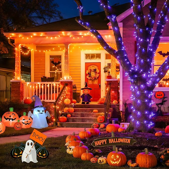 JMEXSUSS 168ft 600 LED Halloween Decor Lights Outdoor Clear Wire, Orange Purple String Lights Indoor Plug in,Halloween Lights for Tree Porch Yard Decorations