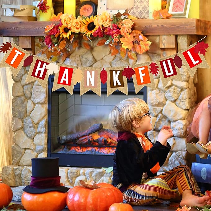 Thankful Burlap Banner Fall Autumn Maple Leaves Rustic Burlap Harvest Banner Mantel Fireplace Wall Hanging for Home Office School Party Decor Thanksgiving Decoration