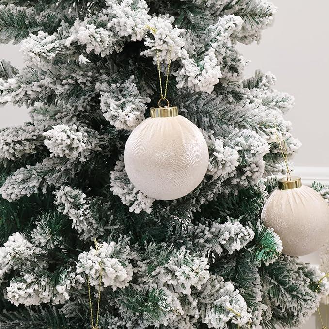 6inch Big Velvet Christmas Ornaments, 2pcs Flocked Ornaments Balls Sets for Christmas Tree Decorations Beige