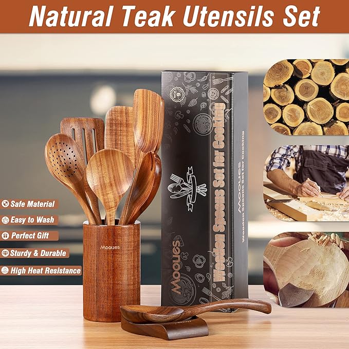 9 Piece Natural Teak Wooden Kitchen Utensil Set with Spoon Rest - Comfort Grip Cooking Spoons and Utensils Holder