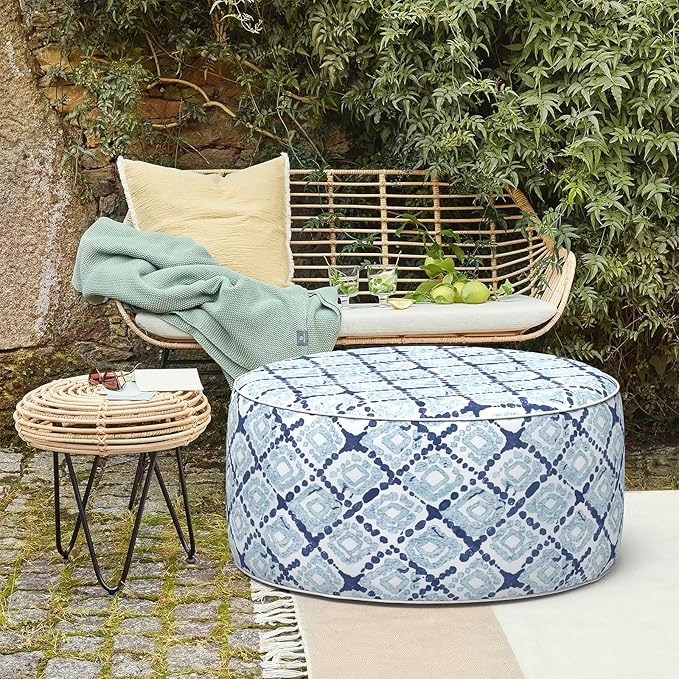 LVTXIII Outdoor Inflatable Ottoman, Fade-Resistant Round Footrest Stool D31”x H14”, Portable Patio Pouf for Garden Camping or Home Use, Boho Geometry Blue