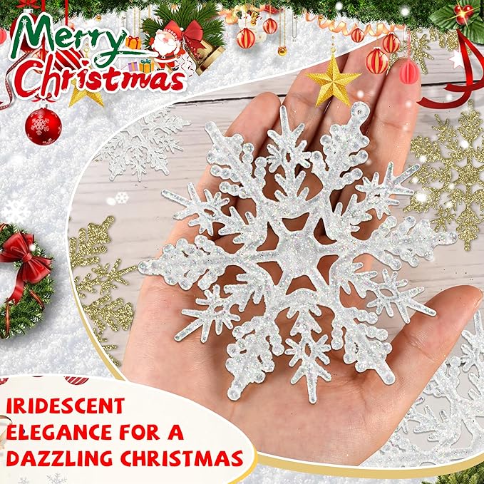 36pcs Snowflakes-Christmas Tree Decorations, Snowflake Ornaments for Tree, Plastic Glitter White Gold Snow Flakes Ornaments, Christmas Indoor Winter Wonderland Frozen Birthday Party Holiday Home Decor
