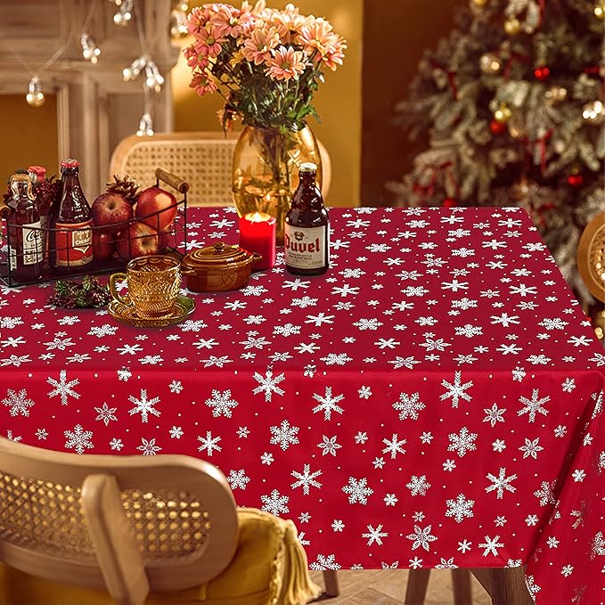 LUSHVIDA Christmas Tablecloth Rectangle - 60x102 inch Snowflakes Foil Print Pattern Washable Wrinkle Resistant Holiday Tablecloths for Christmas Family Gathering, Dining Room Table 130GSM