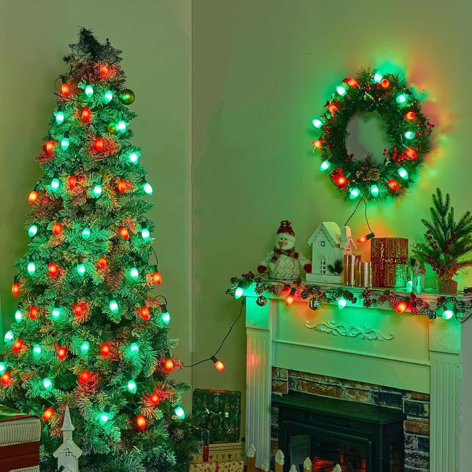 Vintage C9 LED Christmas Lights Outdoor, 50 Feet C9 String Lights with 50 Shatterproof Matte Bulbs, Connectable Waterproof Lights for Holiday Party Roofline Backyard Garden Patio, Red & Green