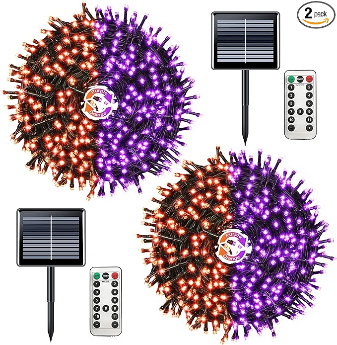 JMEXSUSS 2 Pack Purple and Orange Solar Christmas Lights, Total 400 LED 151FT Color Changing Solar String Lights Outdoor Waterproof for Outside Patio Yard Tree Halloween Christmas Decorations