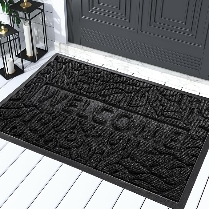 Yimobra Welcome Mat Outdoor, 29.5x17 Waterproof Door Mat Outside Entrance, All-Weather Non Slip Front Door Mat, Low-Profile Entryway Mat Indoor, Porch and Patio, Black