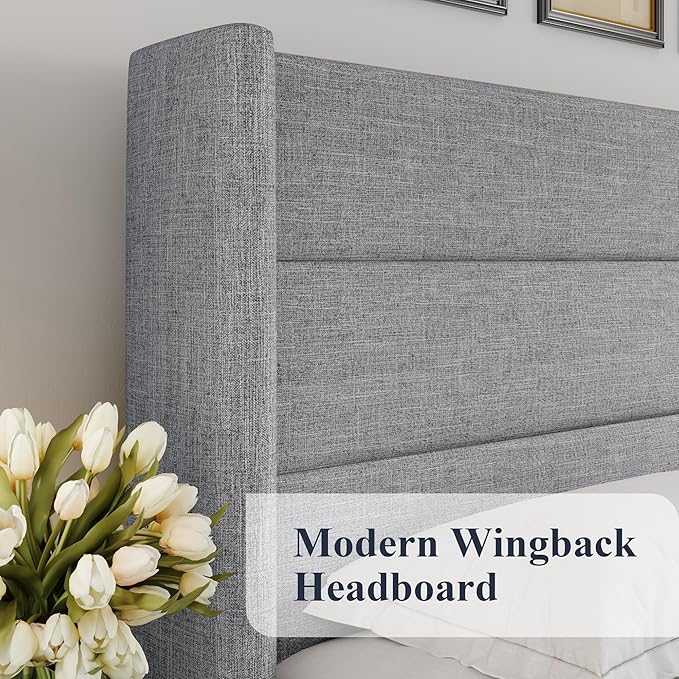 Allewie King Size Lift Up Storage Bed, Modern Wingback Headboard, Hydraulic Support, No Box Spring Needed, Light Grey