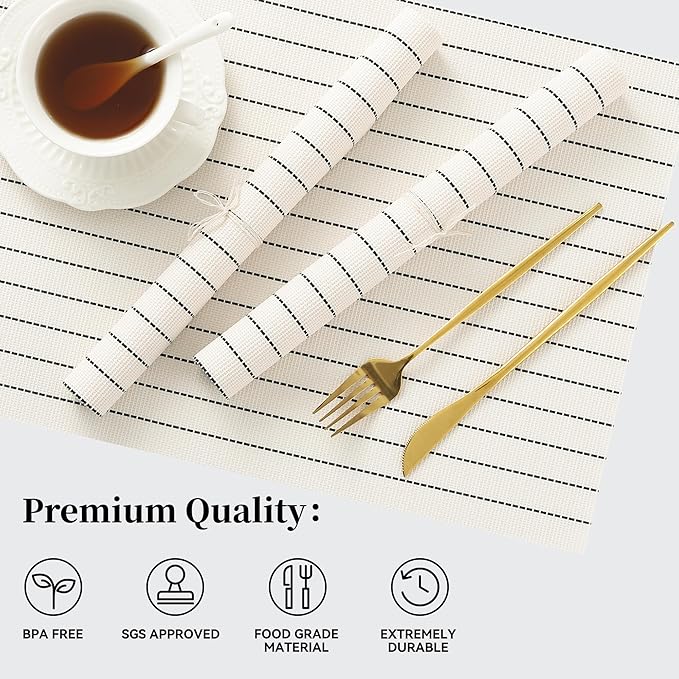 Leetaltree White with Black Stripes Placemats Set of 6 - Heat Resistant Non-Slip Place mats for Dining Table, Washable Durable PVC Vinyl Woven Table Mats（White Stripes, 6）