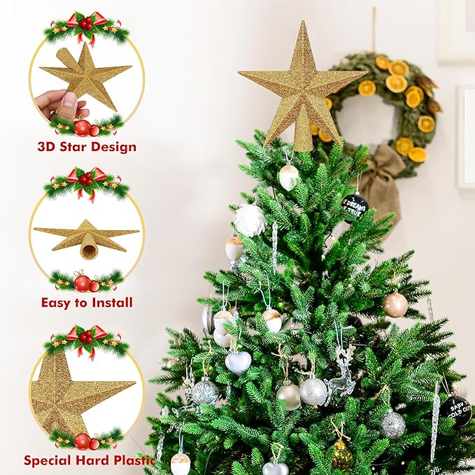 Christmas Tree Topper, 1PCS 4" Gold Glitter Star Tree Topper, 3D Xmas Shatter-Proof Mini Bethlehem Star Tree Topper Decorations, Waterproof Christmas Decor for Holiday Home Outdoor Ornament