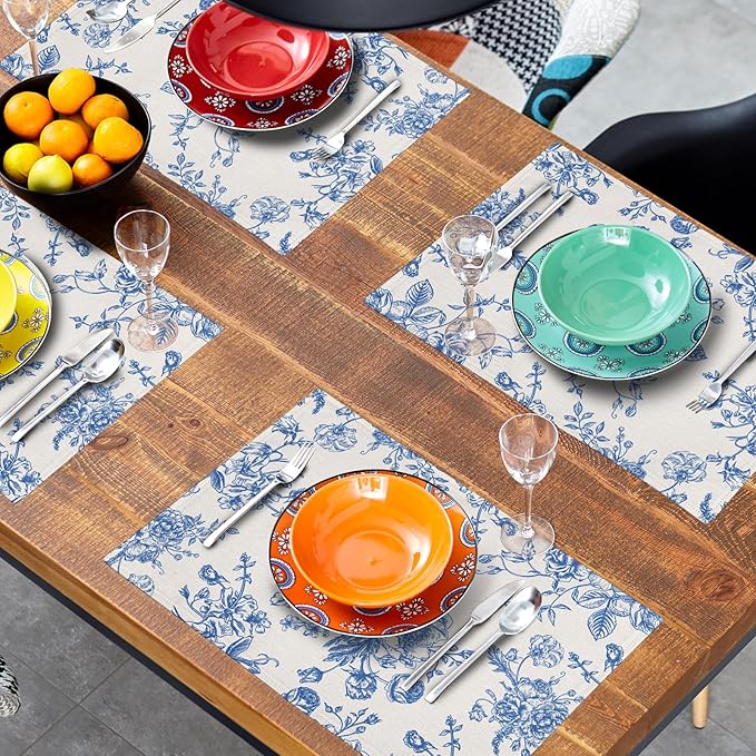 Blue Floral Placemats Set of 4 Vintage Flower Blue and Cream Washable Non-Slip Heat Resistant Place Mats 12x18 Inch Spring Summer Linen Table Mats for Kitchen Dining Party Decor