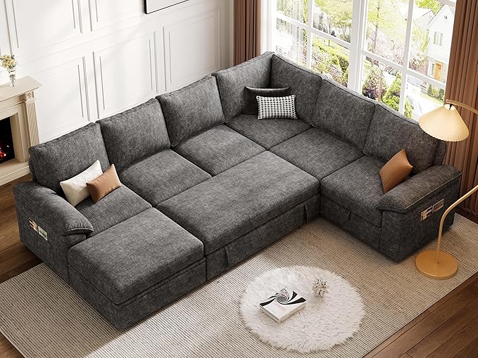 108 Inch Sectional Sleeper Sofa with Pull Out Bed,U Shaped 7 Seat Modular Sectional Sofa with Storage,Sectional Couches for Living Room,Cloud Modular Couch,Removable Sofa Cover,Dark Grey