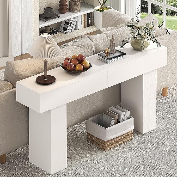 63 Inch Long Console Table for Entryway, Farmhouse Wood Rectangular Sofa Table Behind Couch Table, Narrow Entryway Table for Living Room, Entrance, Hallway, Foyer, Easy Assembly (Classic White)