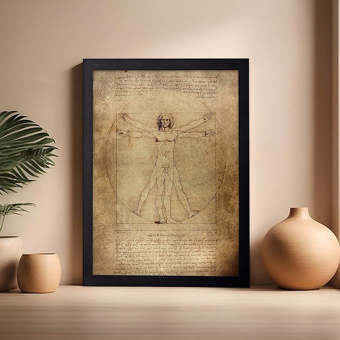 Poster Master Classic Leonardo Da Vinci Poster - Vintage Renaissance Print - Gift for Artist, Friend - Vitruvian Man, Proportion, Symmetry, Human Body - Wall Decor for Office, 16x20 Black Framed