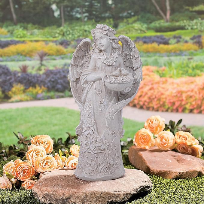 Outdoor Statues Angel Décor Garden Statue,23.5" H Angel Statue, Resin Angel with Bird Figurine,Gifts for Women and Men,Outdoor Garden Decor Ornaments for Outside (White)