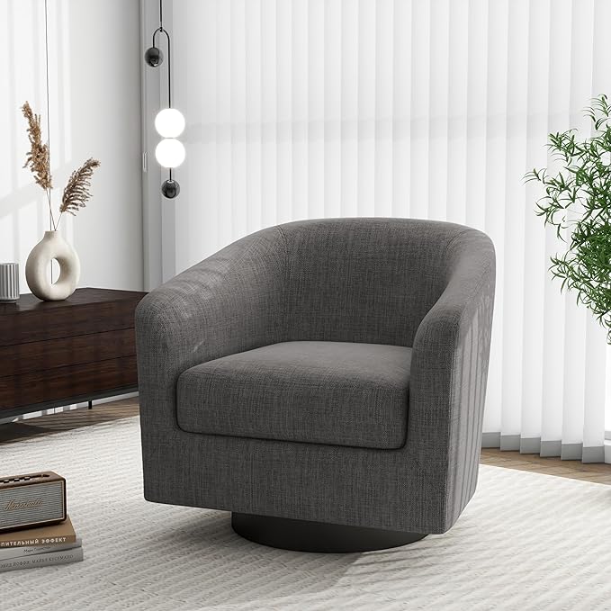 Swivel Barrel Accent Chair, Modern Round Linen Arm Chair for Living Room, Bedroom, Comfy Club Reading Chairs for Adults（Linen Fabric, Grey, Set of 2