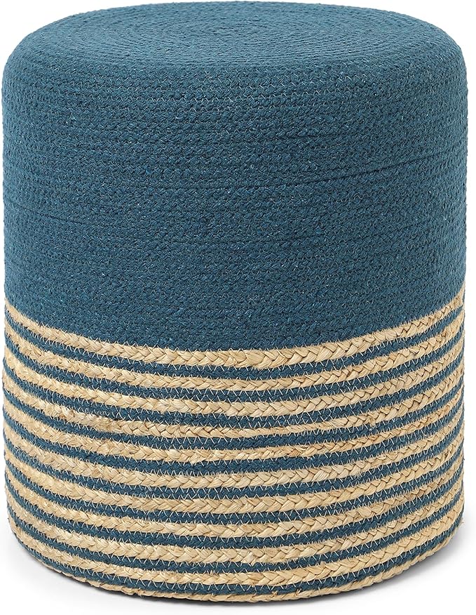 REDEARTH · Cylindrical Pouf Foot Stool Ottoman - Jute Braided Pouffe Poof Accent Sitting Footrest for Living Room, Bedroom, Nursery, Patio, Lounge & Other Rooms (Teal Natural, 14.5"x14.5"x16")