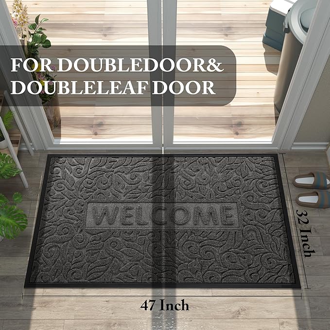 Yimobra Door Mat Indoor Outdoor Entrance, Non Slip Welcome Front Doormats, Heavy Duty Rubber Backing, Stain and Fade Resistant, Low Profile, Easy Clean Patio Garage Floor Mats, 47 x 32, Grey