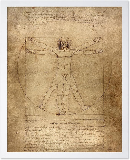 Poster Master Classic Leonardo Da Vinci Poster - Vintage Renaissance Print - Gift for Artist, Friend - Vitruvian Man, Proportion, Symmetry, Human Body - Wall Decor for Office, 16x20 White Framed