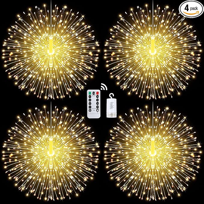 Techip 4 Pcs 225Led Lights Battery Operated Fairy Lights Copper Wire with Remote 8 Modes Wedding Hanging String Lights Christmas Decorative Lights Outdoor Indoor Decoration,Warm White